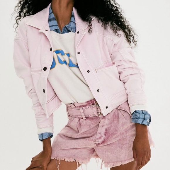FREE PEOPLE — STAR CROSSED BOXY DENIM JACKET, LIGHT PINK SORBET, SIZE US XS - Picture 5 of 12